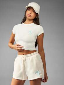 MISSGUIDED 女式刺绣慢跑短裤 MG 标志高腰抽绳套穿夏季休闲海滩舒适短裤 - 杏色 - 查看 3