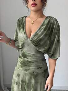 Elenzga Women's Tie-Dye Print V-Neck Ruched Batwing Sleeve Elegant Dress - Army Green - View 6