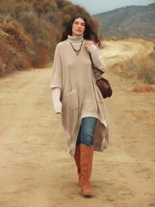 Freevana Plus Size Casual Solid Color Turtleneck Batwing Sleeve Long Sweater Long Sweaters For Women Women Fall Clothes Oversized Sweaters For Women Boho Sweaters For Women Batwing Sweaters For Women