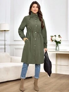 Miaspire Women's Fall And Winter Trench Jacket, With Functional  And  Fabric, Hooded Design, Drawstring Waist, Zipper Cardigan Design, Suitable For Going Out, High Collar  Collar Design, Multiple Design Points Of Side Pockets Long Windbreaker Jacket,Zip Up Hooded For Women - Army Green - View 6