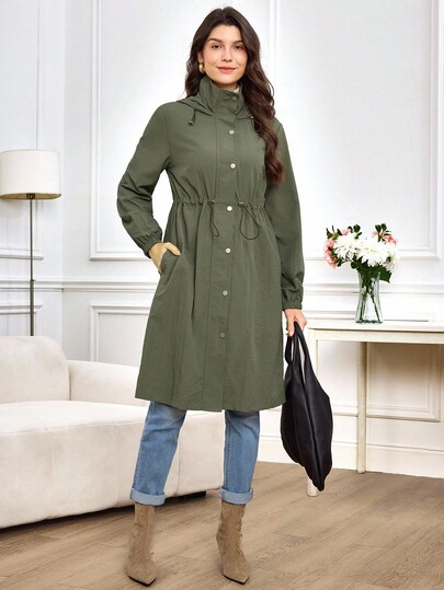 Miaspire Women's Army Green Long Trench Jacket For Autumn,Casual Occasion,Winter Hooded Windbreaker With Drawstring Waist,High Collar Zip Up Functional Fabric