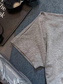 SHEIN EZwear Women's Casual Minimalist GRUNGE American Landscape Slogan Print Ruched Waist Off-Shoulder Tight Short Sleeve T-Shirt, Suitable For Summer, Y2K Asymmetric Shoulder Fitted Styling,Off The Shoulder Top