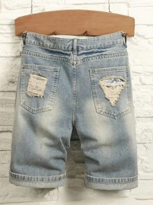 Manfinity Homme 男士纯棉磨破猫抓牛仔短裤纯色深蓝色外出复古朋友男士短款牛仔裤，emo 风格