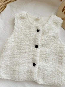 SHEIN 2 件女婴可爱休闲纯色蓬松无袖夹克背心套装，适合秋冬季外出玩耍 - 黑色 - 查看 4