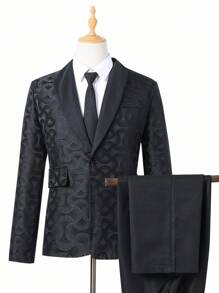 SHEIN 2pcs/Set Teen Boy Gentleman Outfit, Contrast Color Mandarin Collar Textured Slim Fit Suit Jacket + Trousers, Elegant, , Luxurious Formal Wear Suitable For Birthday Party, Gala, Performance, Hosting, Wedding Season, Wedding, Wedding Guest, Pageboy, Ring Boy