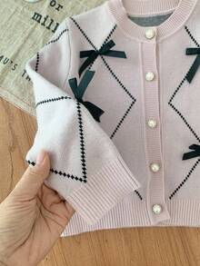 SHEIN Young Girl Geometric Pattern Bow Front Cardigan,In Fall/Winter