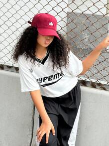 SHEIN Explorewe Streecool 少女休闲校园风时尚字母印花V领露脐上衣和宽松拼接阔腿裤两件套，适合休闲和街头穿着 - 彩色 - 查看 5