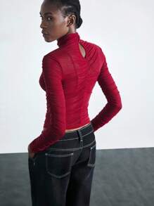 Maija Áo cánh tay dài ôm vừa vặn, cổ cao màu đỏ tía, họa tiết hình giọt nước, thiết kế hiện đại, giản dị, đa năng - Màu Đỏ Sâu - Xem 3