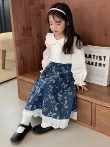 DAZY 小女孩的碎花牛仔裙度假 - 中等水洗藍 - 查看 2