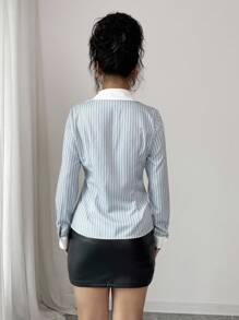 Elenzga Áo sơ mi sọc cạp cao màu sắc giản dị mùa xuân thu - Màu xanh lam - Xem 2