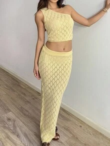 Sunnyshic 2件套女士时尚休闲度假日常斜肩毛衣套装 - 黃色 - 查看 4