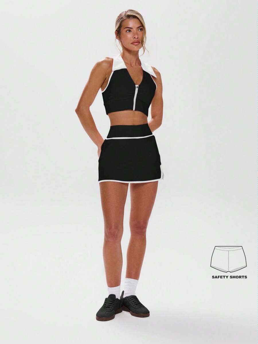 Musera Sport Váy quần cạp thấp viền tương phản, thích hợp cho tập luyện thể thao, tập gym, padel, tennis, racquetball, pickleball, thể dục. - màu đen - Xem 1