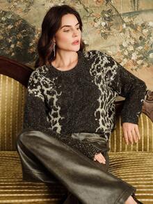 Anewsta Áo len dệt kim cổ tròn tay dài họa tiết da báo đính đá lấp lánh cho nữ - Nhiều màu - Xem 6