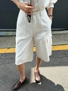 Livesso Women's Cargo Pocket Wide Leg Loose Casual Denim Shorts