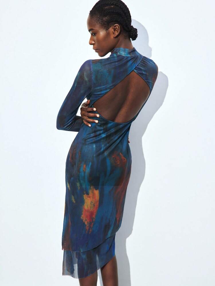 SHEIN Maija 2026 Spring & Summer Elegant Blue Tie-Dye Print Collar Backless Fitted Long Dress, Fashionable Design, Suitable For Parties, Dates, Business, Casual Wear, Office, Low-Key Vintage Vibe, High-Quality Urban Commute, Magazine Editor Same Style, Urban Social Vacation Party Outfit, Charming Women Long Dress,