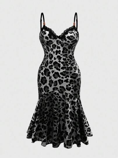 Grunge Punk Vintage Y2K Leopard Print Color Block Pleated Cocktail Dress, Plus Size Women Party Dress