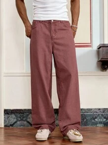 SWAVVY Quần Jeans Denim In Khẩu Hiệu Thường Ngày Cho Nam - Màu Đỏ Sâu - Xem 4