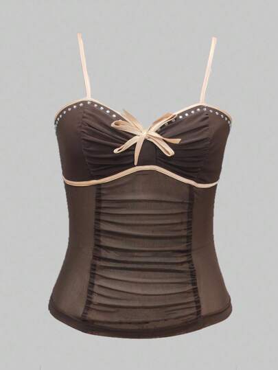 Hippie Top tipo camiseta de tirantes ajustable, plisado, de malla suave, color marrón translúcido y con detalles de pedrería