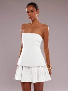 SHEIN BAE 女士优雅纯色褶边抹胸迷你连衣裙，夏季 - 白色 - 查看 6