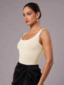 Silquee 女士性感纯色露背无袖紧身衣 - 杏色 - 查看 4