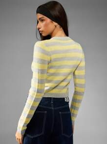 MISSGUIDED 女式纽扣开衫毛衣黄灰色条纹图案长袖罗纹针织短款修身冬春时尚必备分层上衣 - 彩色 - 查看 2