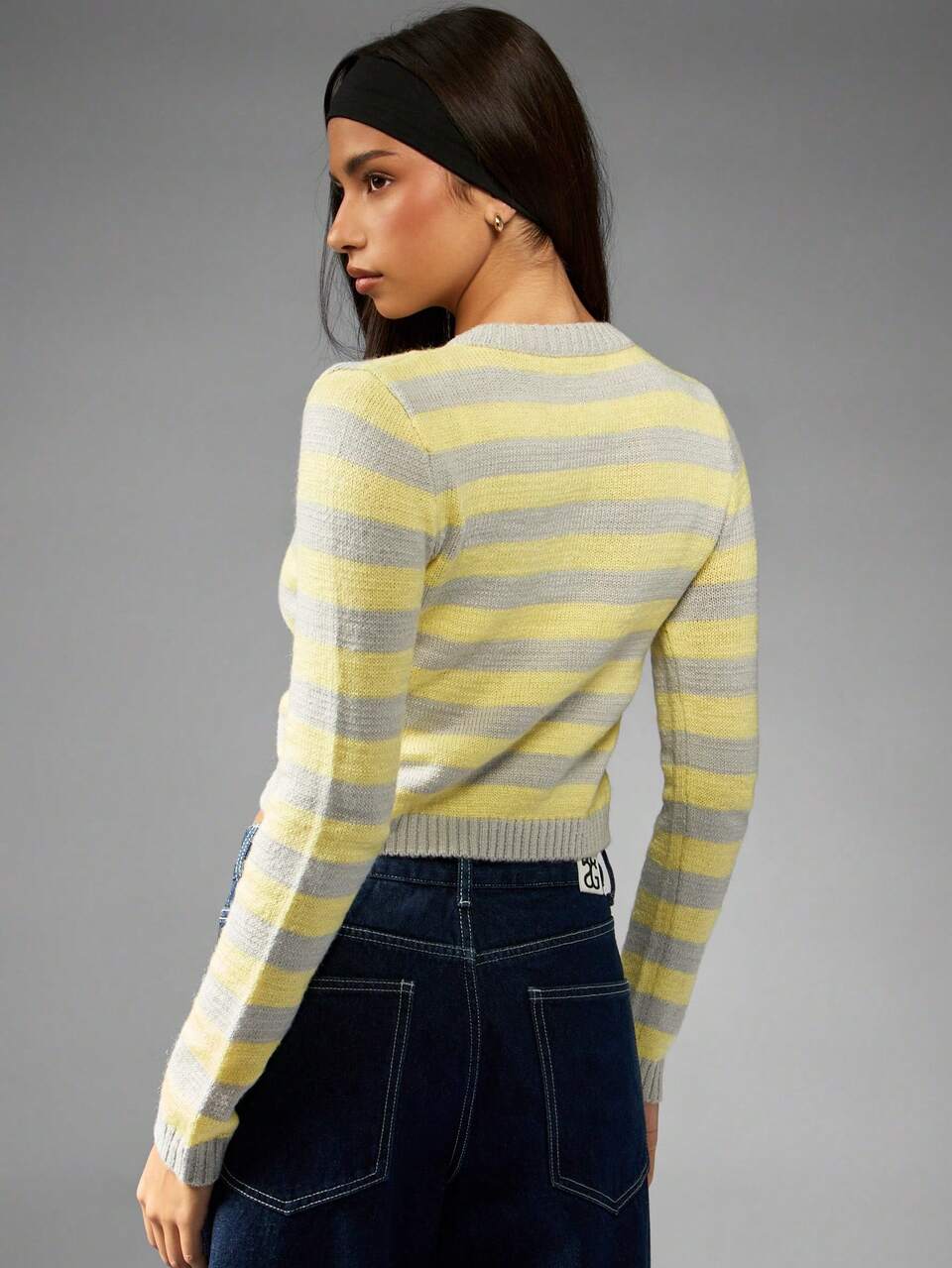 MISSGUIDED Women Button Up Cardigan Sweater Yellow Grey Stripe Pattern Long Sleeve Ribbed Knit Crop Fitted Winter Spring Fashion Essential Layering Top