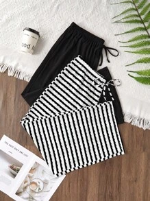 SHEIN Casual Loose Fit Dual-Tone Textured Knit Plus Size Drawstring Waist Wide Leg Pants 2 Pieces Set, Fall Clothes - Multicolor - View 2