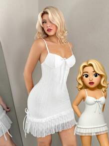 Sweetina Textured Adjustable Strap White Mini Dress, Suitable For Vacation, Casual & Home Wear Fall - Apricot - View 7