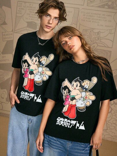Astro Boy X SHEIN تي شيرت قصير الأكمام كاجوال للرجال مع رسومات كرتونية وحروف يابانية، صيفي