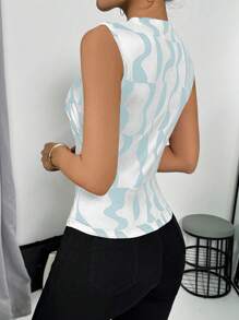 Zolique Summer Casual Contrast Color Print Ruched Fitted Tank Top - Blue - View 2