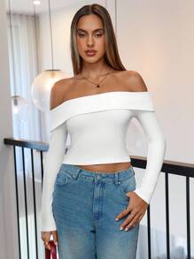 Siren Gaze Off Shoulder Gấp lại Off Shoulder Áo phông Crop - trắng - Xem 4