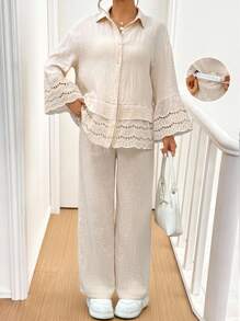 SHEIN Summer Casual Maternity 2 Pieces Set,Patchwork Embroidered Drop Shoulder Button-Up Shirt & Pants Beige Linen Cotton Modest Comfy Cottagecore Clothes - Khaki - View 5