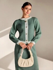 EURMUSE 蜂巢图案开衫和裙子套装（鼠尾草绿和奶油色） - 綠色 - 查看 1