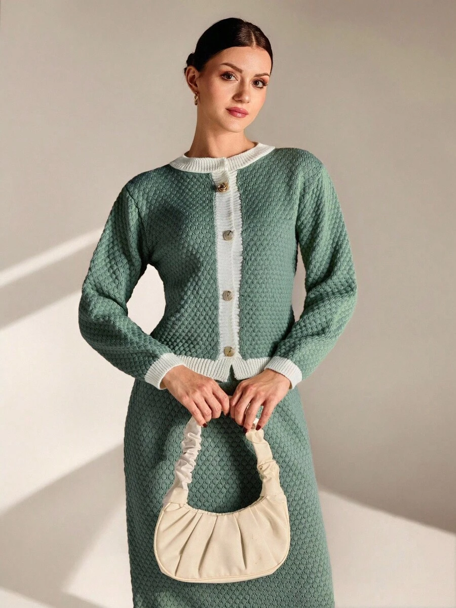 EURMUSE 蜂巢图案开衫和裙子套装（鼠尾草绿和奶油色） - 綠色 - 查看 1