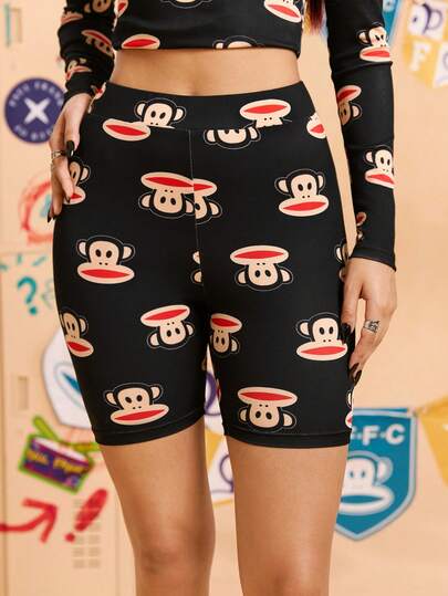 Paul Frank X SHEIN Women's High Waist Cartoon Monkey Print Cycling Shorts
