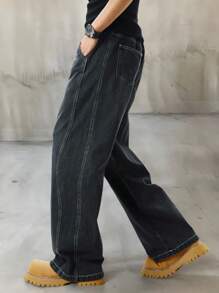 SHEIN Explorewe 青少年男孩街头时尚破洞拼接黑色豹纹侧拼接宽松阔腿松紧腰带牛仔裤 - 黑色 - 查看 7