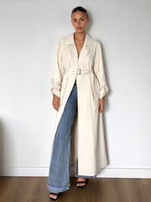 SHEIN ICON 秋冬女士米色外出纯色翻领休闲长款宽松长袖风衣 - 杏色 - 查看 6