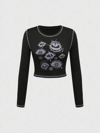 Goth Maglietta casual da donna con stampa occhio stile punk, linee a contrasto di colore, versatile