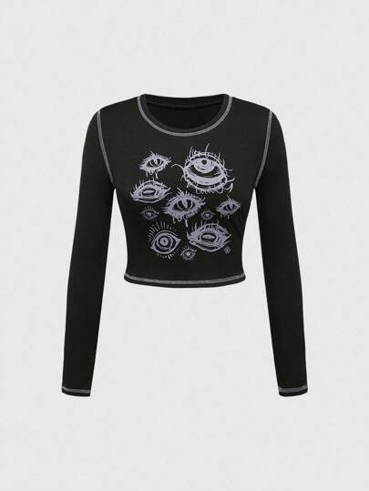 Goth Maglietta casual da donna con stampa occhio stile punk, linee a contrasto di colore, versatile