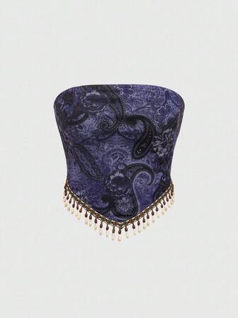 Top tubo bohemio con estampado de paisley, flecos con cuentas de madera transparentes y estilo hippie retro western para mujeres en festivales de música de verano