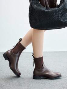 CUCCOO BIZCHIC 女士时尚英伦风格后拉链咖啡色弹力靴，圆头平底踝靴