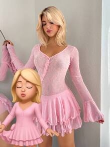 Sweetina Cute Pink Ruffle Solid Color Sweetheart Neck Fitted Long Sleeve Flocked Fabric Dress Pink Dress Pink Mini Dress Short Pink Dress Pink Dress For Women Pink Babydoll Dress