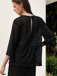Maija Women's Sexy Solid Color Hollow Out Sheer T-Shirt,Boho Women Clothing - Black - View 4