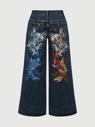 J-Fashion Unisex Retro Hip Hop Subculture Carp Floral Embroidery Loose Wide-Leg Jeans