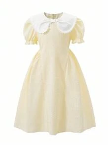 Tween-Mädchen Elegantes, lässiges Urlaubskleid, blaues Kleid mit Rüschenkragen und Puffärmeln und Schleife, geeignet für Frühling/Sommer im Freien/Urlaub