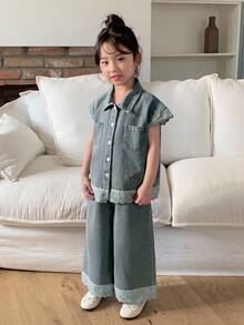 DAZY 2件套少女蕾丝拼接韩版牛仔衬衫和宽松牛仔短裤套装 - 中等水洗藍 - 查看 7
