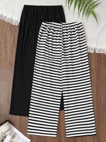 SHEIN Casual Loose Fit Dual-Tone Textured Knit Plus Size Drawstring Waist Wide Leg Pants 2 Pieces Set, Fall Clothes - Multicolor - View 3