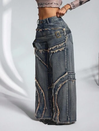 Jeanoix Jeans casuales holgados de pierna ancha con diseño de botones y dobladillo deshilachado para mujer de talla grande