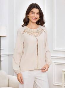 Miaspire Women's Elegant Blouse With Lace Patchwork, Fall/Winter, Fall Shirt For Women,Going Out Tops Women,Wedding Shirt Guest ,Business Casual Outfits Women,Old Money Style Women,Lace Romance,Delicate Romance Lace Blouse Elegant Blouse For Women Business Casual Tops For Women Long Sleeve Blouse Full Sleeve Tops,Chic Tops