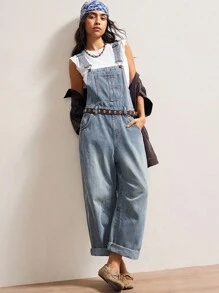 Bohemela 女式休闲宽松口袋设计阔腿牛仔连体裤 - 藍色 - 查看 9